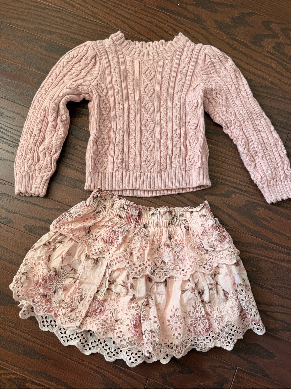 Loveshackfancy Gap kids Girls Pink Cable Knit Sweater & Lace Tiered Skirt Set S